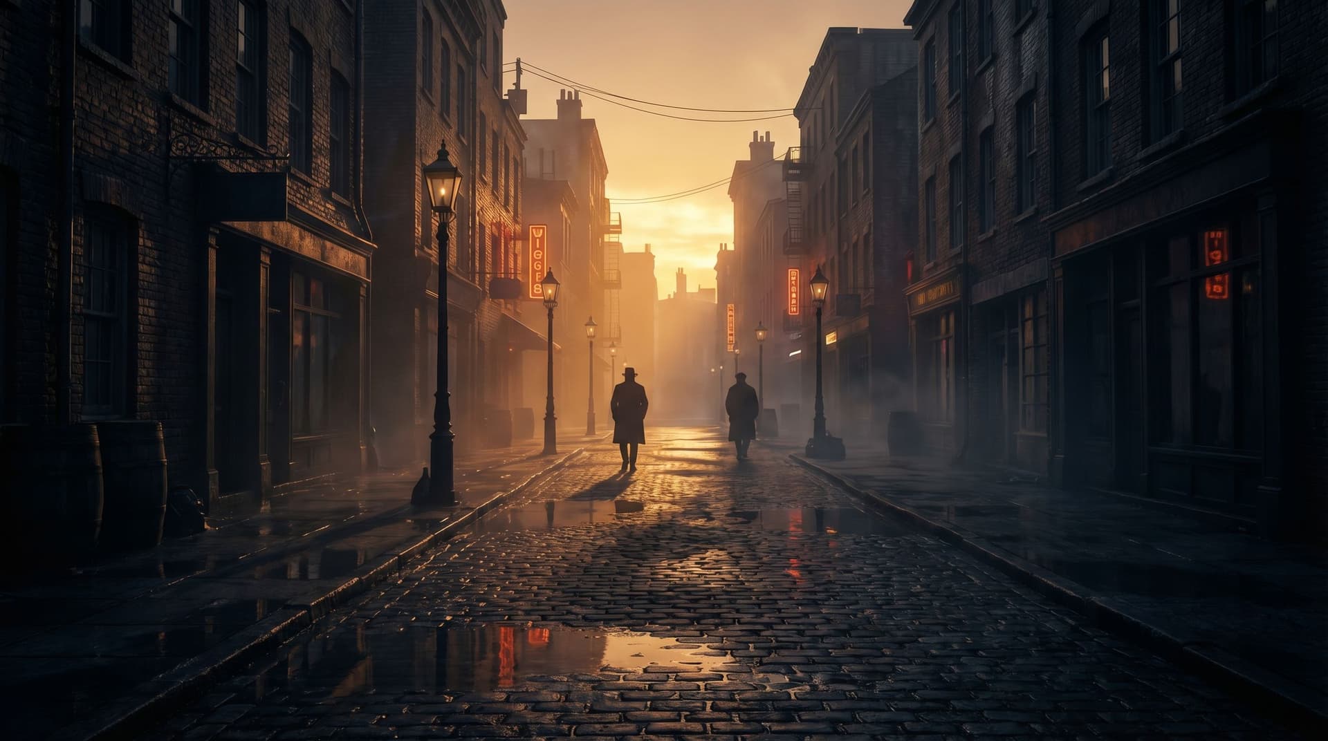 Urban noir street at golden dusk, cinematic illustration for Citiscape novel feature by Beverly Schloendorf