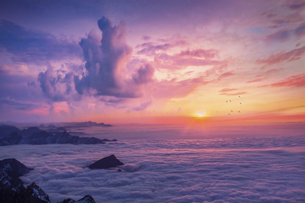 sunset, mountain, clouds