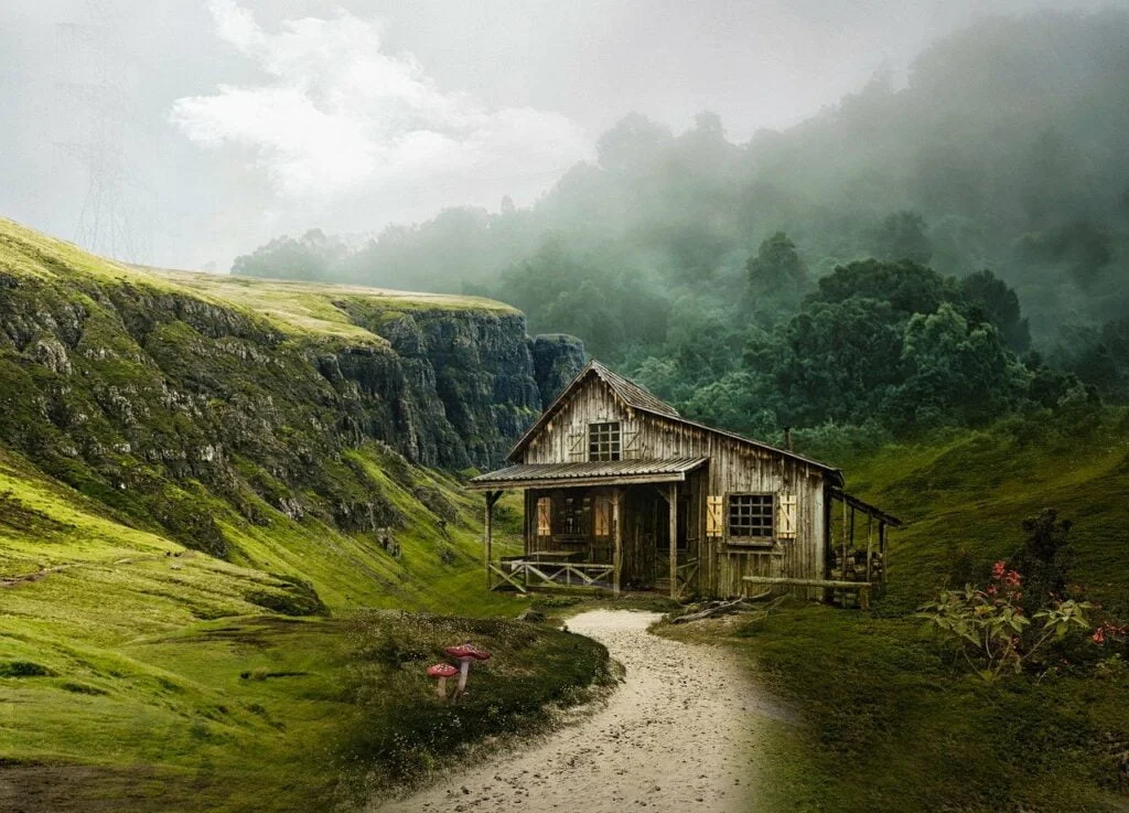 cabin, way, valley