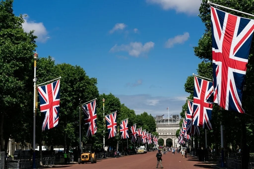 a street with flags on it