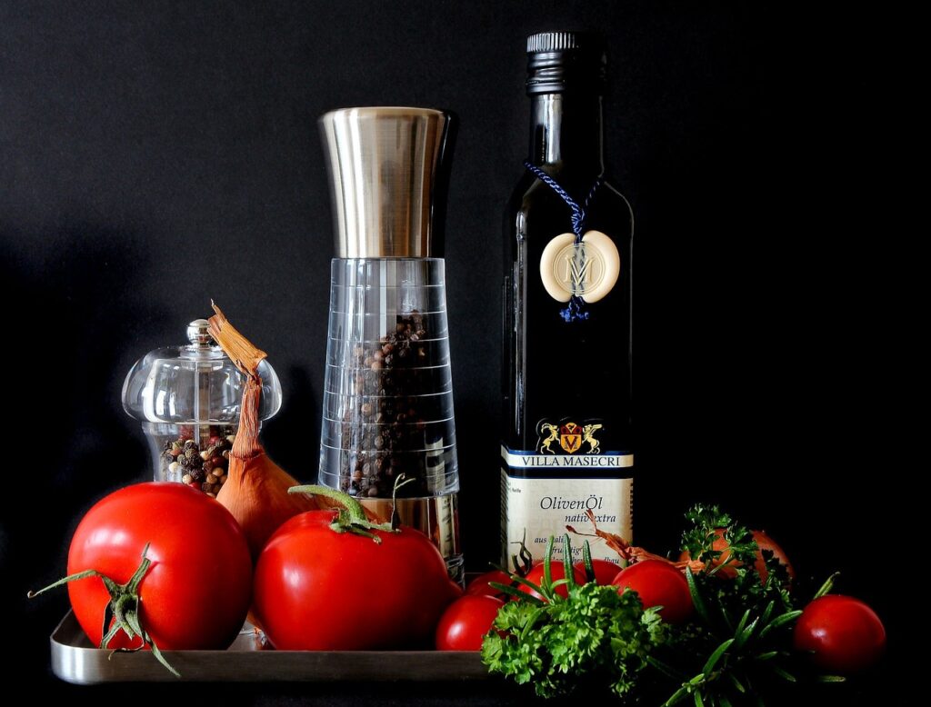 olive oil, tomatoes, herbs