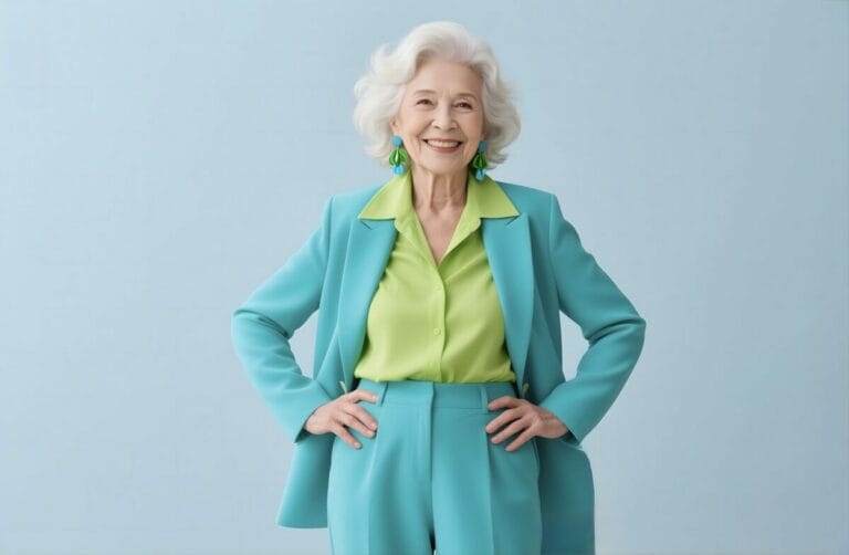 A stylish, smiling older woman poses.